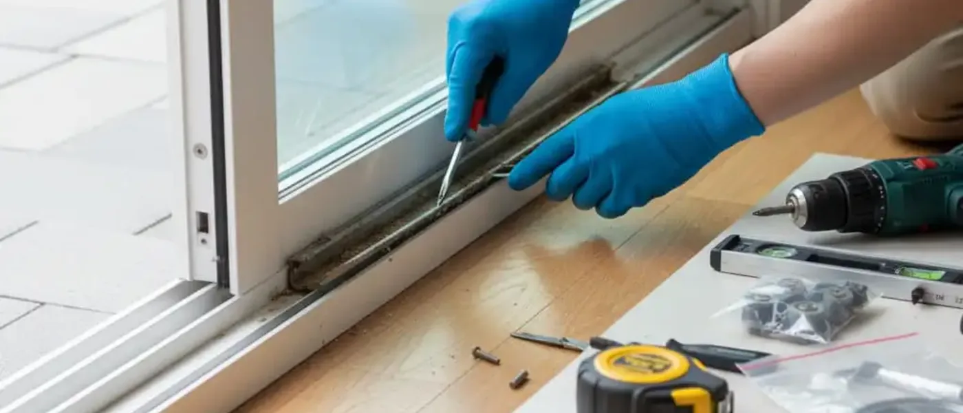 Technician installing a glass sliding door lock in a luxury London penthouse apartment with large glass panels