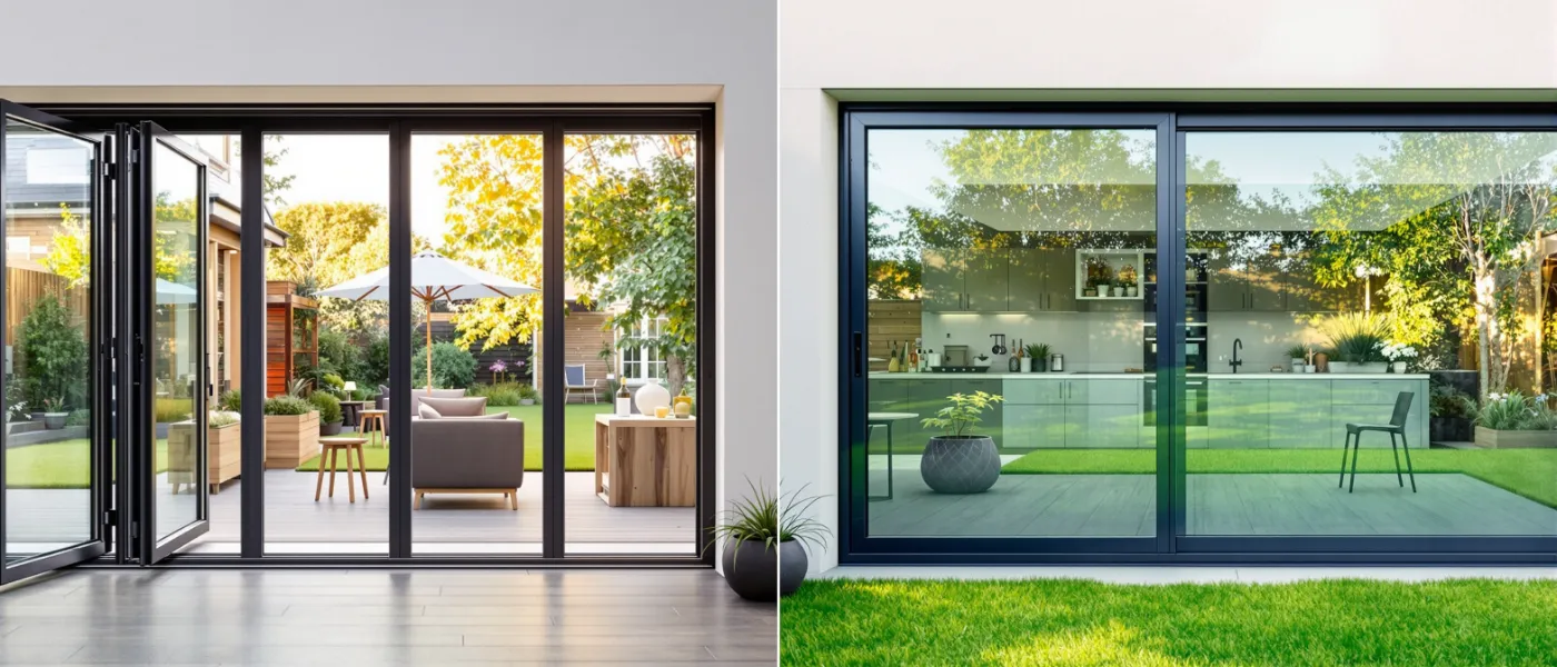 Comparison of bifold doors fully open versus large sliding glass doors in a modern London home extension