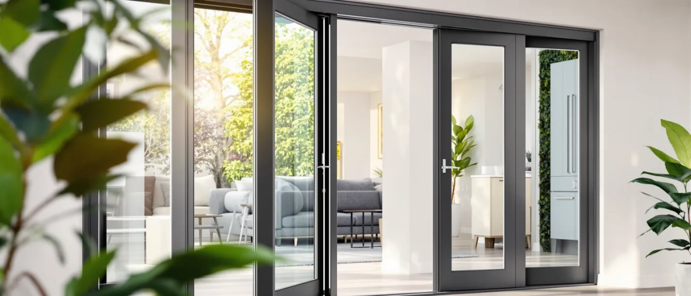 Different sliding door types displayed in a modern London showroom with aluminium timber and uPVC frames