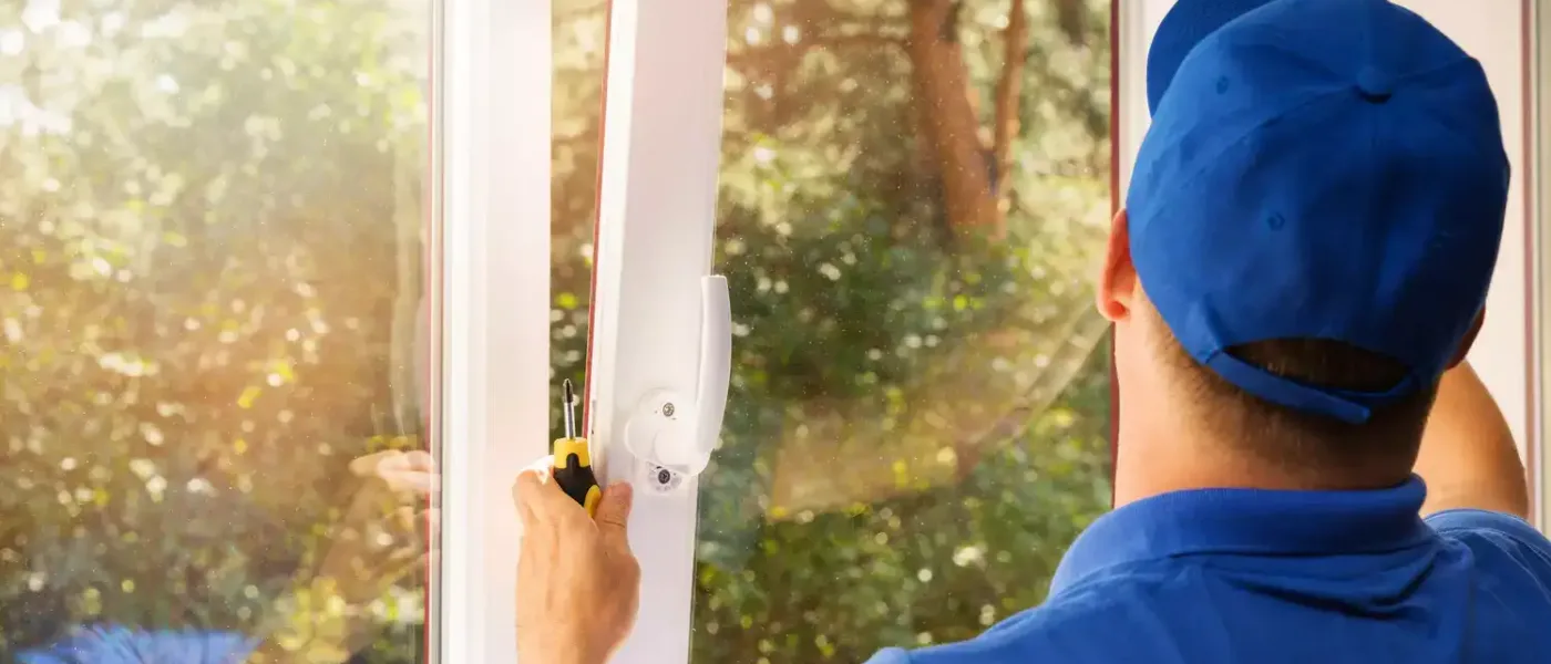 Expert tradesman repairing French patio doors in a London townhouse garden with warm daylight