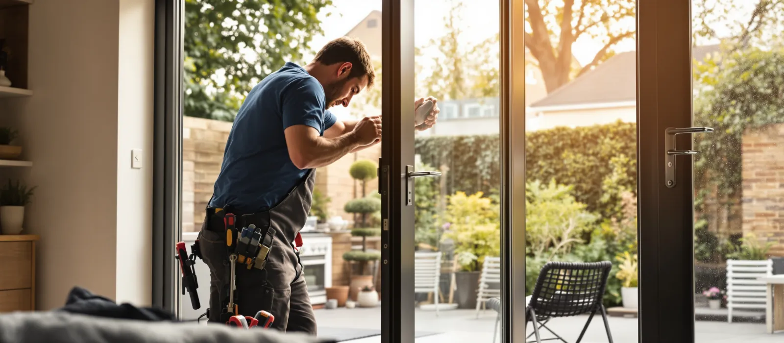 Professional door repair specialist examining a modern patio door mechanism in a clean London residential home