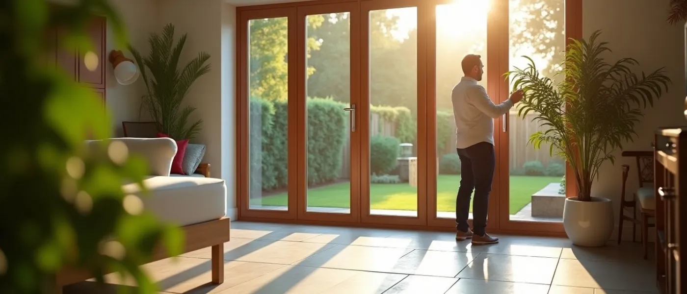 Expert tradesman repairing French patio doors in a London townhouse garden with warm daylight