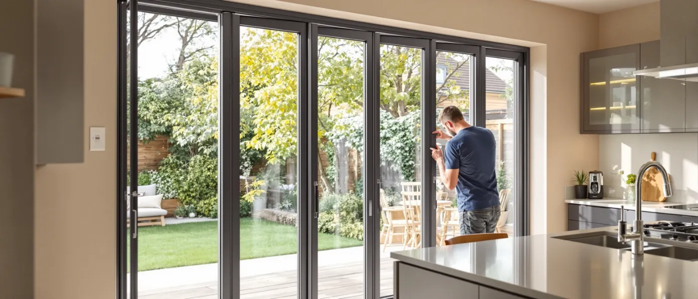 Premium aluminum bifold door system being serviced in a modern London kitchen extension