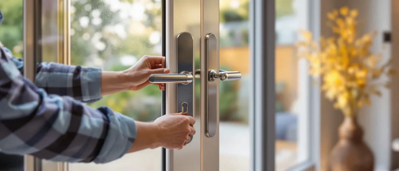 Professional replacing a patio door lock mechanism in a modern London apartment with French door handles