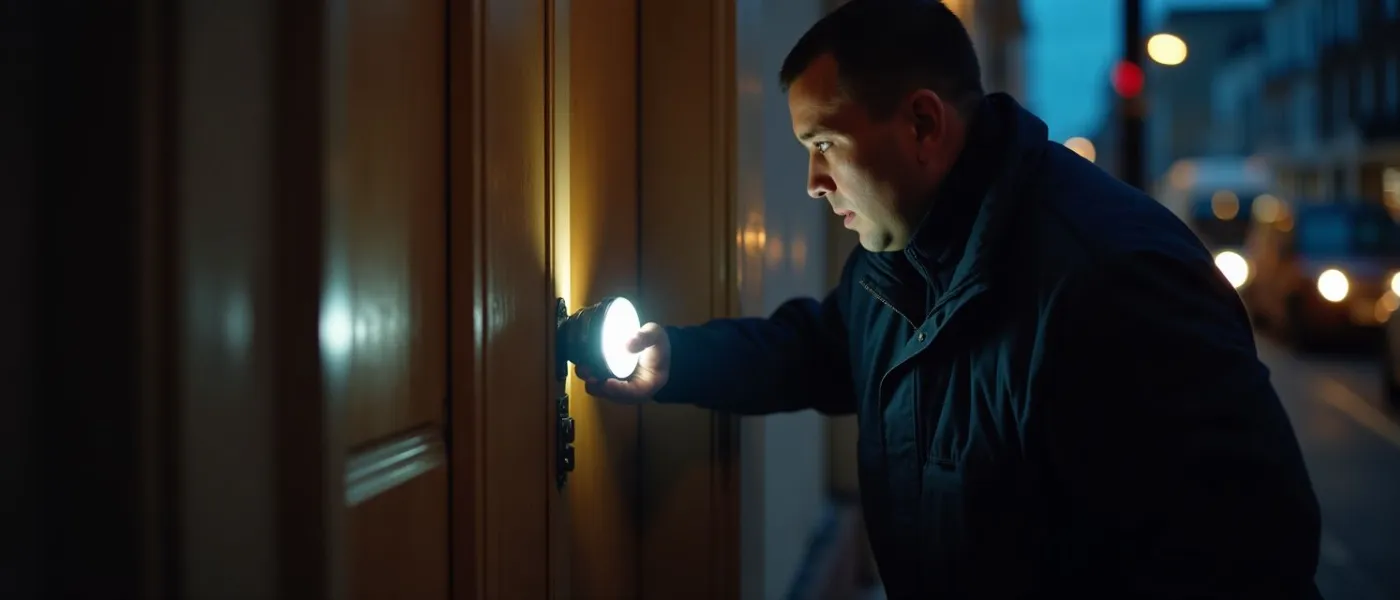 Emergency door repair technician examining a broken door lock at night in a London residential street