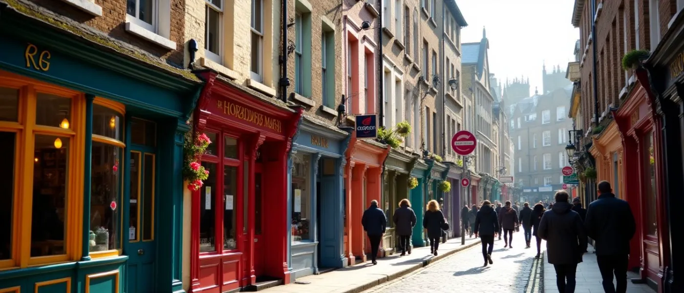 Camden Market area London with colorful Victorian shop fronts and historic architecture on a bustling street