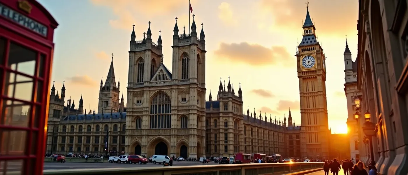 Westminster Abbey area London with iconic Gothic architecture and the red telephone box in warm golden hour light
