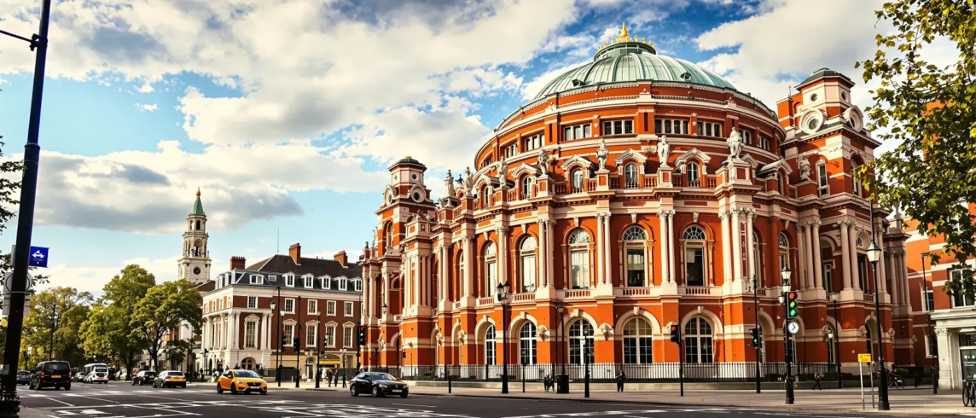 Royal Albert Hall London exterior with beautiful Victorian architecture and surrounding residential streets