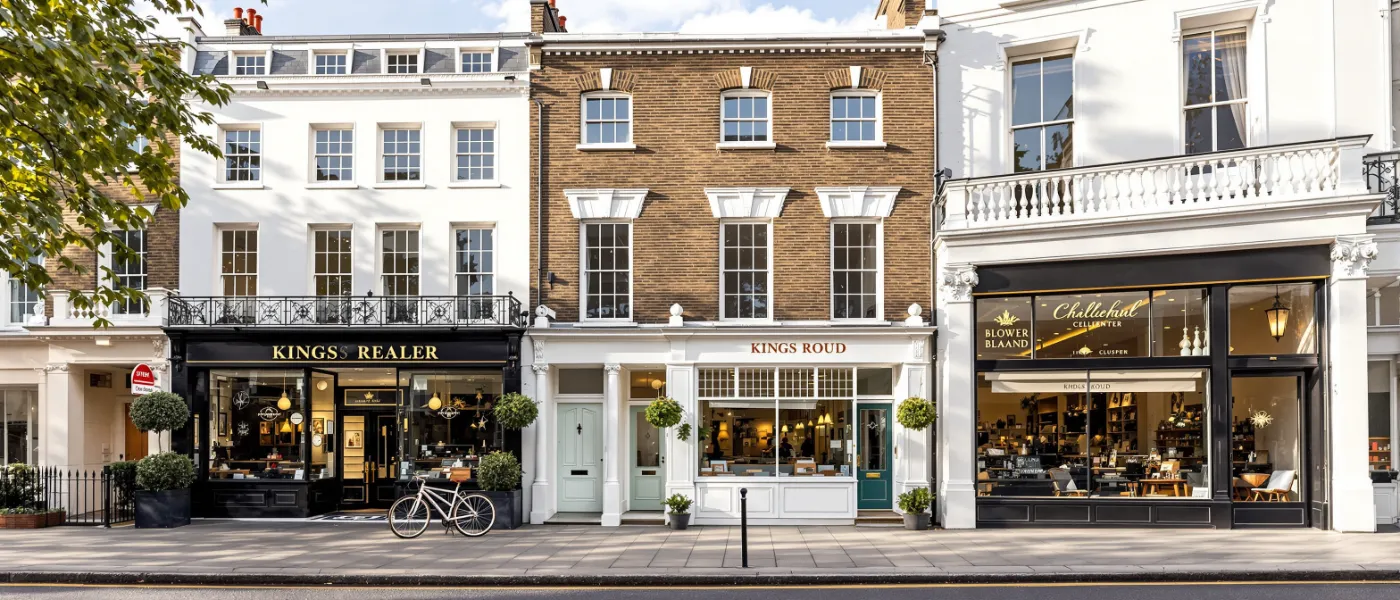 Kings Road Chelsea London with elegant Georgian townhouses and stylish boutique shop fronts