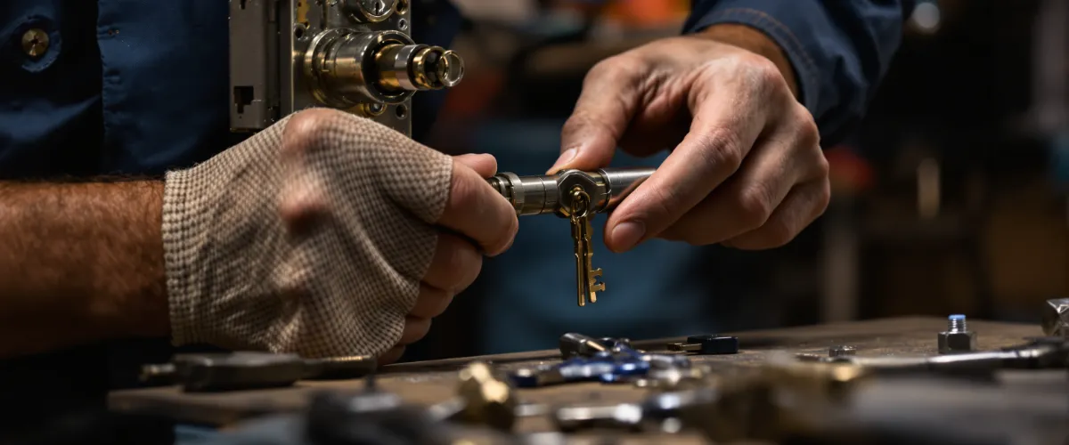 Professional locksmith examining a door lock mechanism with specialist tools in a London workshop
