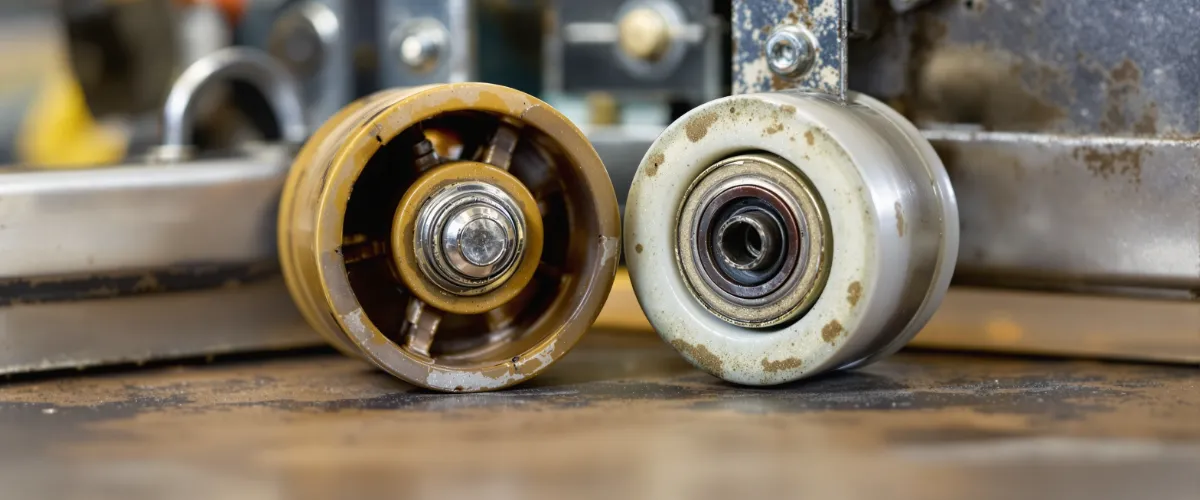 Close-up comparison of worn and new door roller wheels on a work surface in a British repair workshop