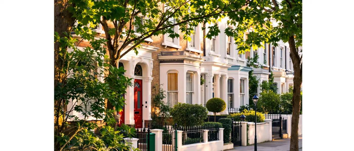 Fulham London Victorian terraced houses with colourful front doors near Fulham Palace