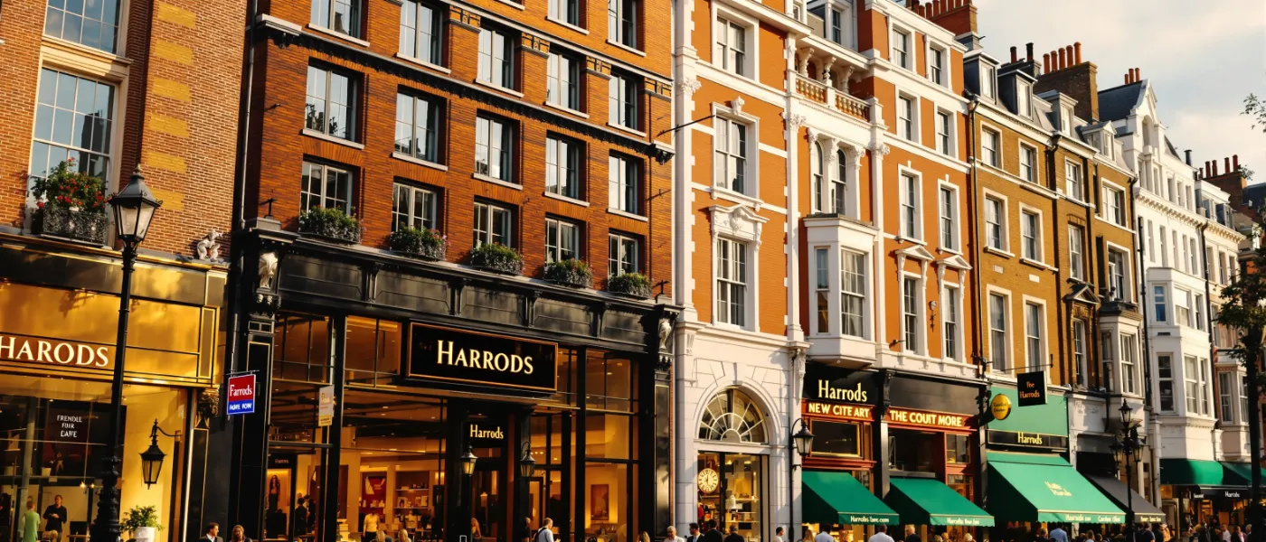 Knightsbridge London luxury shopping district with Harrods and Victorian mansion blocks along Brompton Road