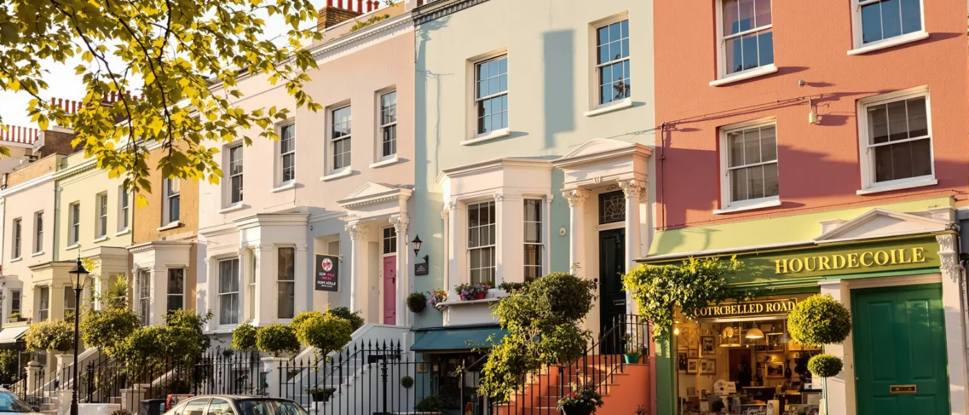 Notting Hill London colourful Victorian terraced houses on Portobello Road