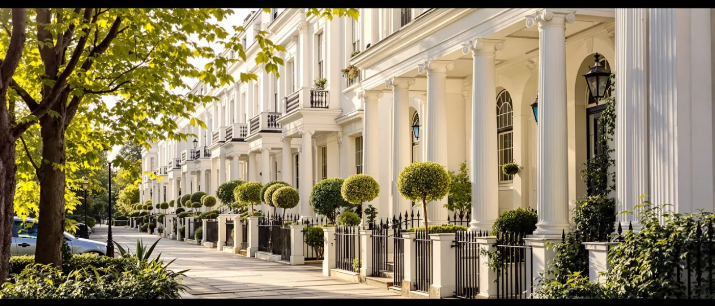 Pimlico London elegant Regency white stucco terraced houses along quiet garden squares